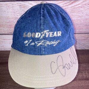 Vintage Goodyear Denim Blue and Tan 90’s Racing Cap w/ Unknown Autographs